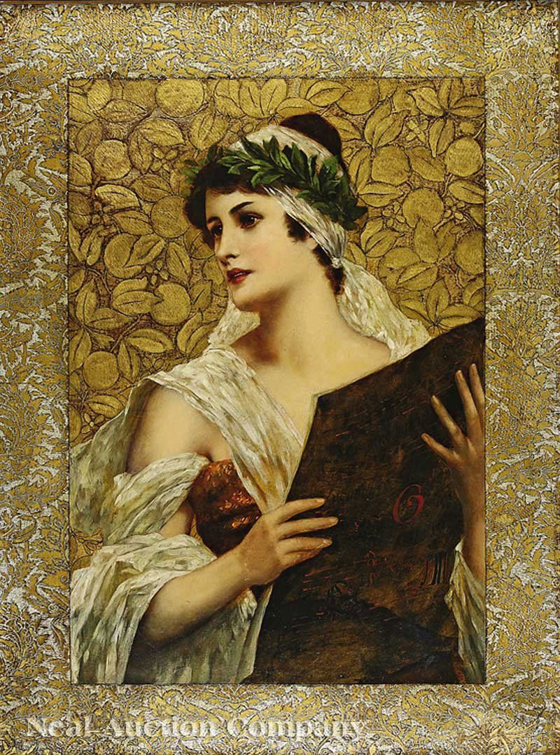 Attributed to Conrad Kiesel (German, 1845-1921): Attributed to Conrad Kiesel (German, 1845-1921), "A Young Maiden", mixed media including gilt paint, leather and oil on canvas, an embossed floral motif background, unsigned, Christie's New York label