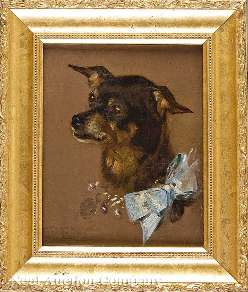 Marcel Andre Baschet (French, 1862-1941): Marcel Andre Baschet (French, 1862-1941), "Portrait of a Terrier", 1900, oil on canvas laid on board, signed, dated, and inscribed lower left, 10 in. x 8 in., framed