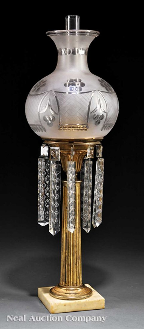 An American Brass and Bronze Solar Lamp: An American Gilt Lacquered Brass and Bronze Solar Lamp, 19th c., attributed to Starr, Fellows & Co., New York, identified as item No. 301 in the 1856 catalogue, font atop fluted columnar shaft, marble