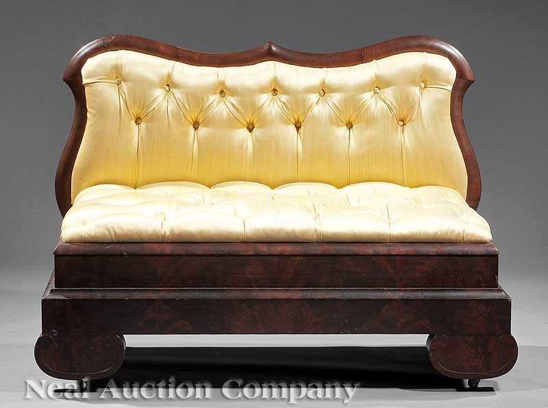 An American Late Classical Mahogany Slipper Sette: An American Late Classical Mahogany Slipper Settee, c. 1840, serpentine crest, tufted silk upholstery, molded seat rail, half-round feet, height 29 1/2 in., width 42 1/2 in., depth 22 in