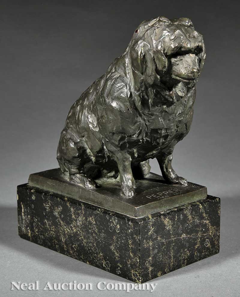 William Wallace Rosenbauer (American/Pennsylvania: William Wallace Rosenbauer (American/Pennsylvania, 1900-1968), "Belgian Water Dog", 1927, bronze, signed and inscribed "Pepper/ April 1927" on self-base, on a verde antico plinth, height 8 1/2 in