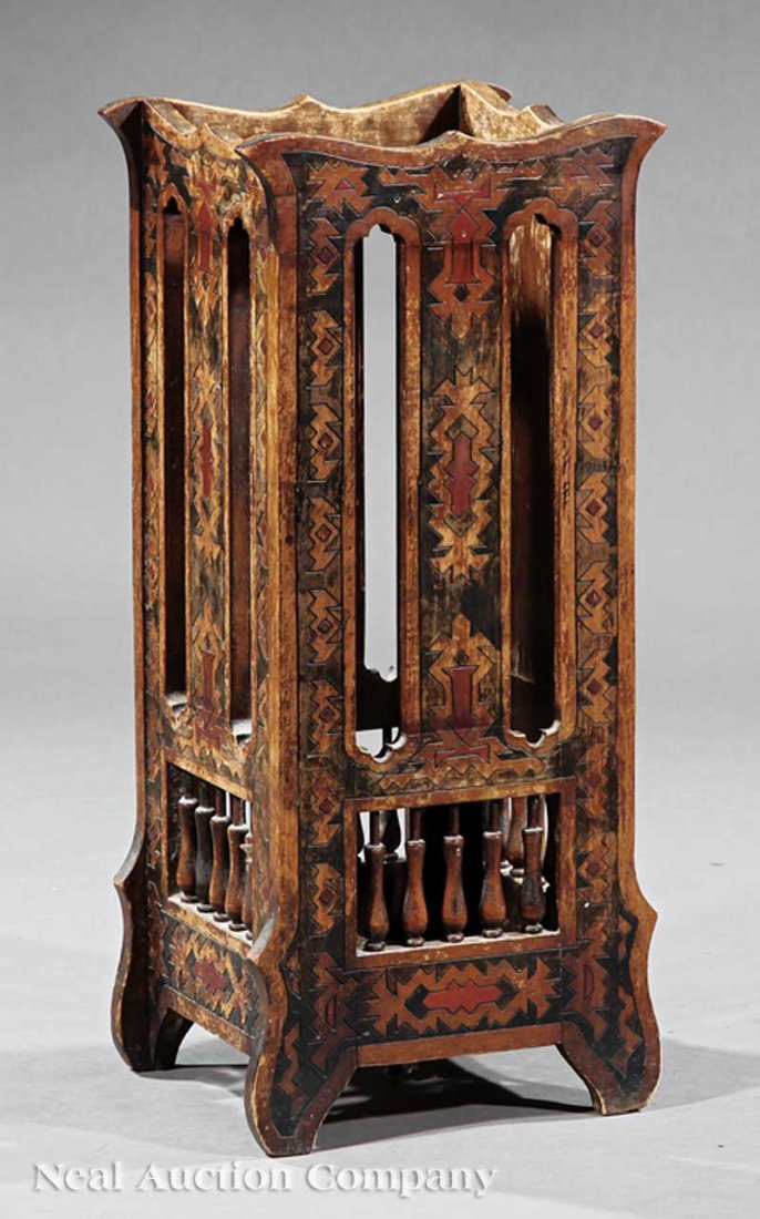 An Aesthetic Polychrome Painted Umbrella Stand: An Aesthetic Carved and Polychrome Painted Umbrella Stand, with an incised and painted geometric motif, height 28 in., width 12 3/4 in., depth 10 1/2 in