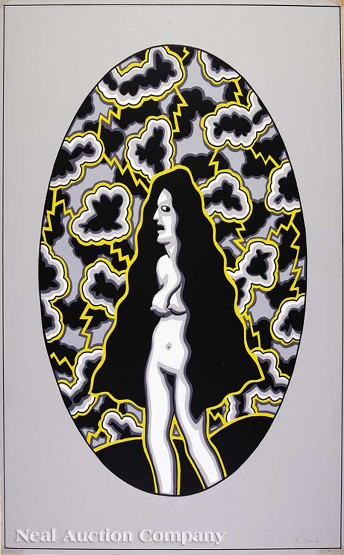 Robert Gordy (American/New Orleans, 1933-1986): Robert Gordy (American/New Orleans, 1933-1986), "Falling Females", 1967, felt tip marker, signed and dated lower right, signed, titled, and dated, with The Glade Gallery, New Orleans label en verso of