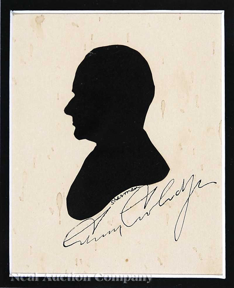 Beatrix Dorothy Sherman (American, 1894-1975): Beatrix Dorothy Sherman (American, 1894-1975), "Silhouette of Calvin Coolidge Autographed by Coolidge", signed and autographed "Calvin Coolidge" lower center, 5 7/8 in. x 4 5/8 in., attractively matte