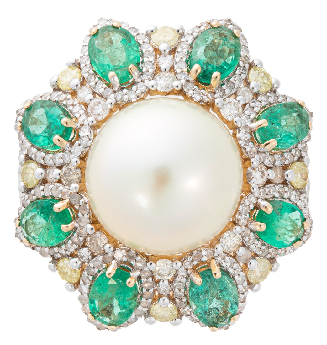 14 kt. Yellow Gold, South Sea Pearl, Emerald and Diamond Ring: , center round cultured south sea pearl, 11.20-11.30 mm; mounted with 8 oval mixed cut emeralds, total wt. approx. 1.98 cts.; and 266 round brilliant and round single cut diamonds; size 6.75; GGA repo