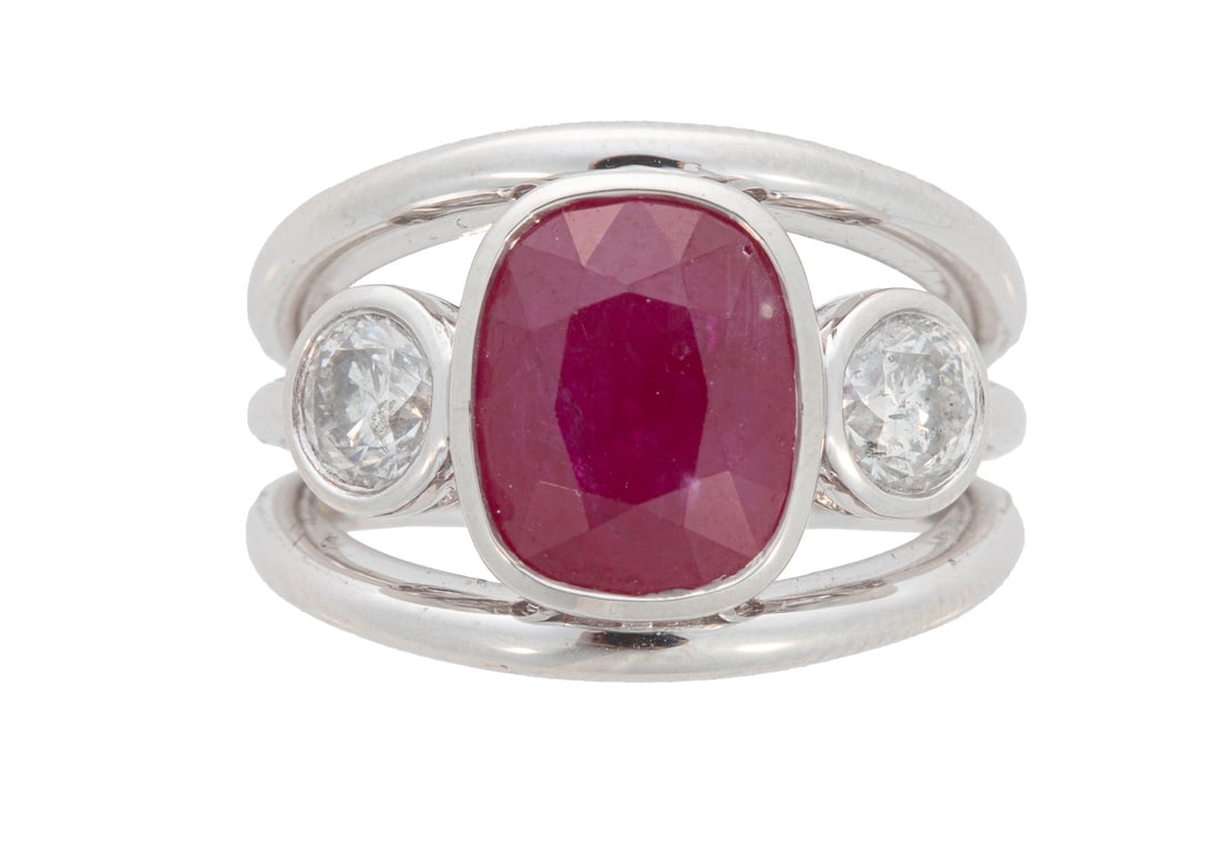 Platinum, Burmese Ruby and Diamond Ring: , center GIA certified bezel set cushion mixed cut ruby, wt. approx. 3.63 cts.; flanked by 2 round brilliant cut diamonds, total wt. approx. 0.96 ct.; size 6.75; AIGL and GIA reports.Please note: Paym