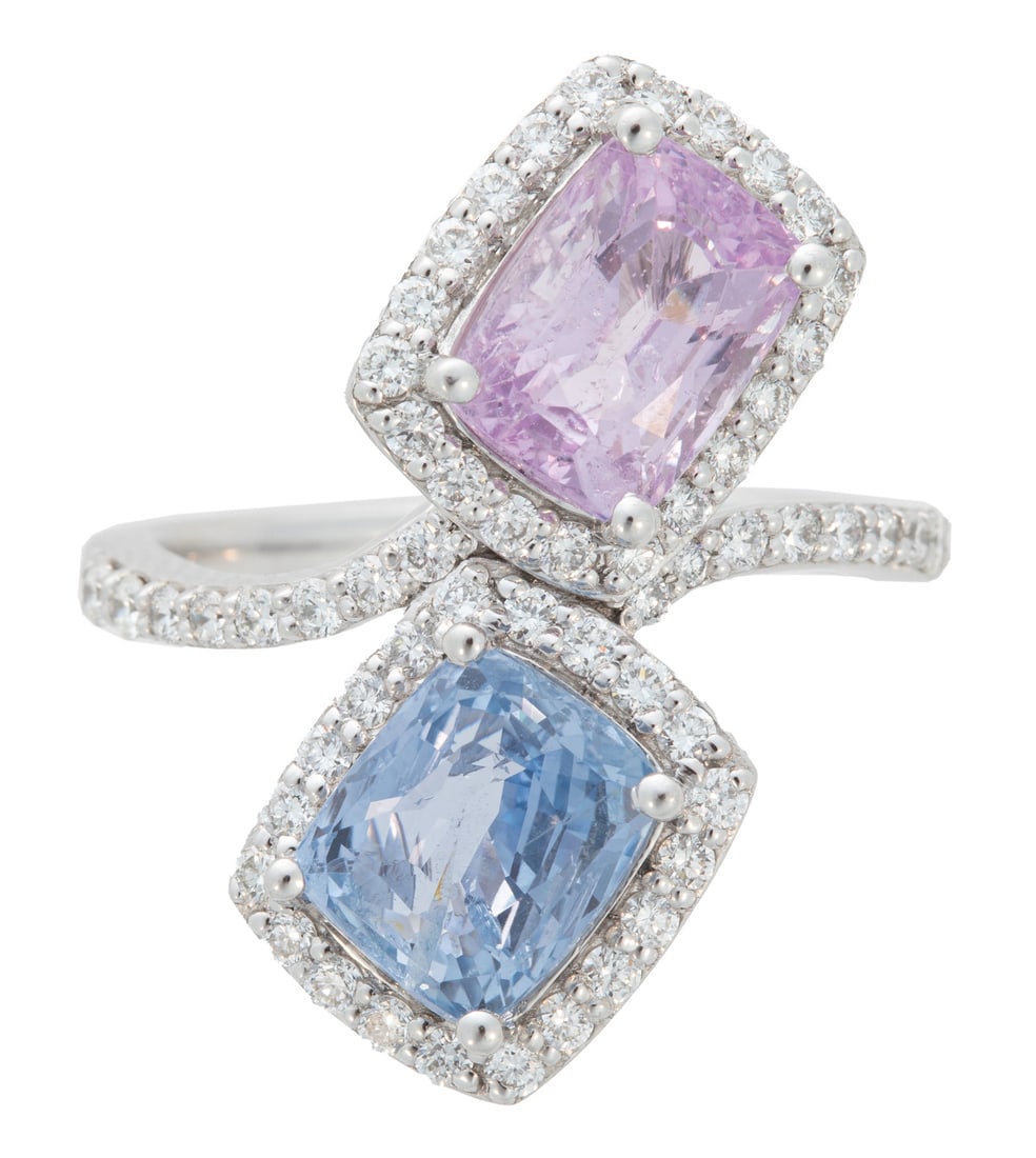Platinum, Multicolored Sapphire and Diamond "Toi et Moi" Ring: , blue and pink cushion mixed cut sapphires, total wt. approx. 5.93 cts.; set with 56 round brilliant cut diamonds, total wt. approx. 0.70 ct.; size 6.75; AIGL and GIA reports.Please note: Payment for