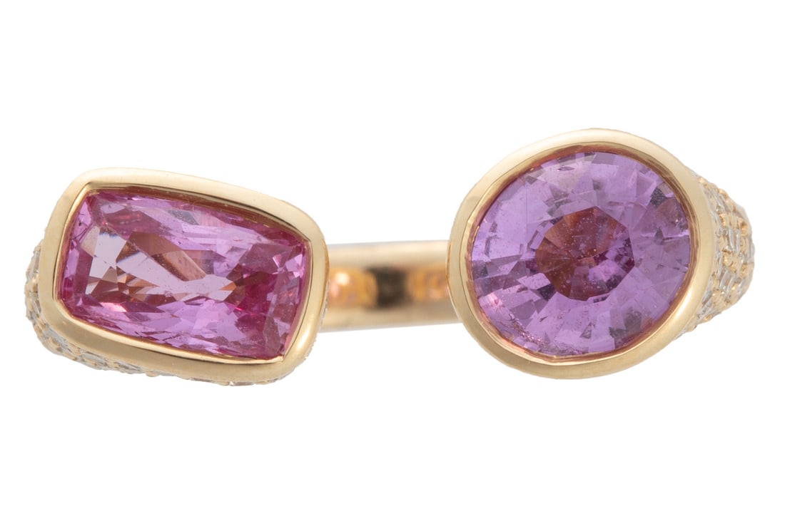 18 kt. Yellow Gold, Pink Sapphire and Diamond "Toi et Moi" Ring , size 6.5: , oval and cushion purplish pink sapphires, total wt. approx. 1.93 cts.; diamond pave band set with 162 round brilliant cut diamonds, total wt. approx. 0.82 ct.; size 6.5; GGA report.Please note: Paym