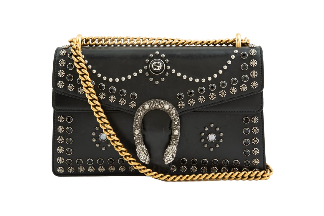 Gucci Black Leather and Strass Studded Dionysus Bag , h. 6 3/4 in., w. 10 7/8 in., d. 3 in.: , gold and ruthenium-tone hardware, h. 6 3/4 in., w. 10 7/8 in., d. 3 in.; chain strap, drop h. 15 in.; with authenticity card and tag;