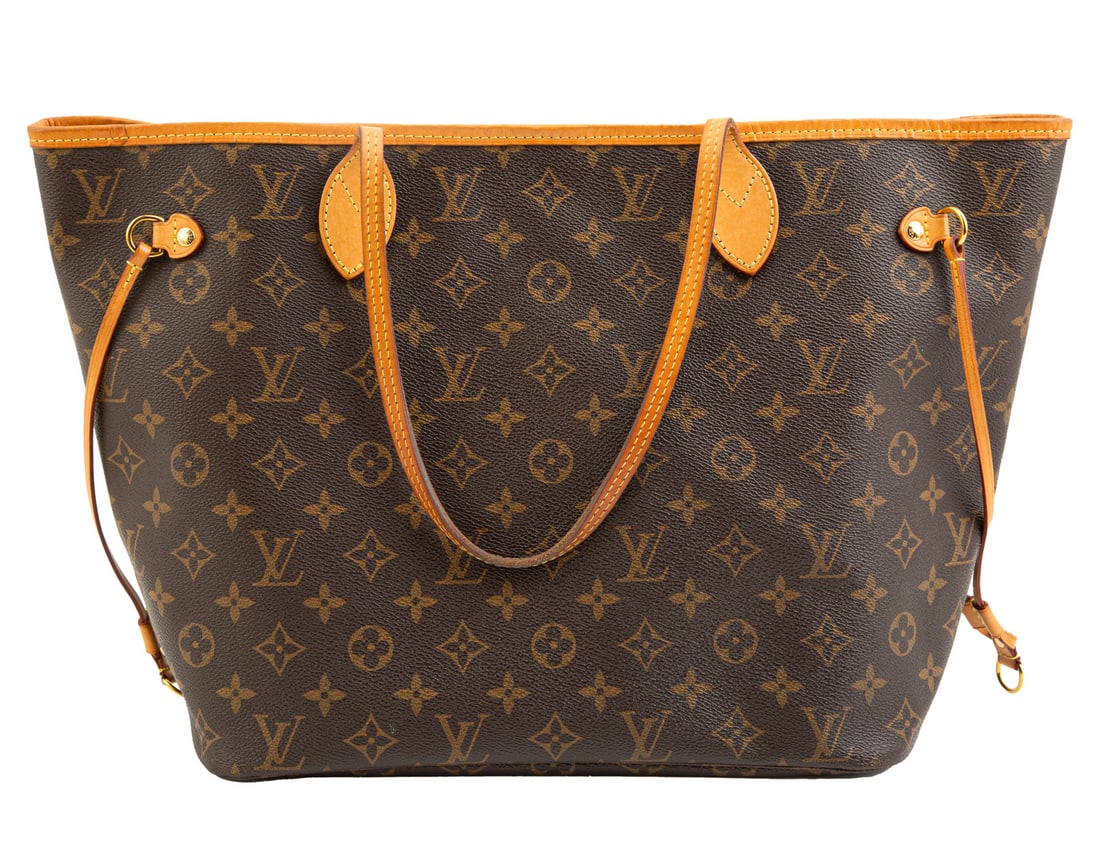 Louis Vuitton Neverfull MM Bag in Brown Monogram Coated Canvas , h. 11 in., w. 12 1/4 in., d. 5 1/2: , cerise or cherry red striped textile lining, gold-tone hardware, removable zipped pouch, h. 11 in., w. 12 1/4 in., d. 5 1/2 in.; with dust bag;