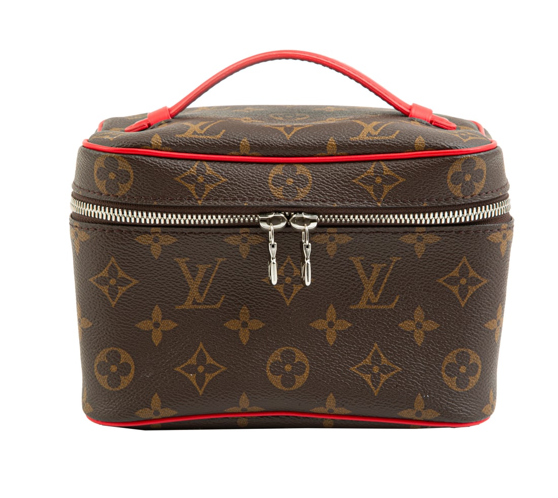 Louis Vuitton Nice Mini Toiletry Bag in Brown Monogram Macassar Canvas with Red Leather Trim , h. 5: , h. 5 1/2 in., w. 7 1/2 in., d. 4 3/4 in.