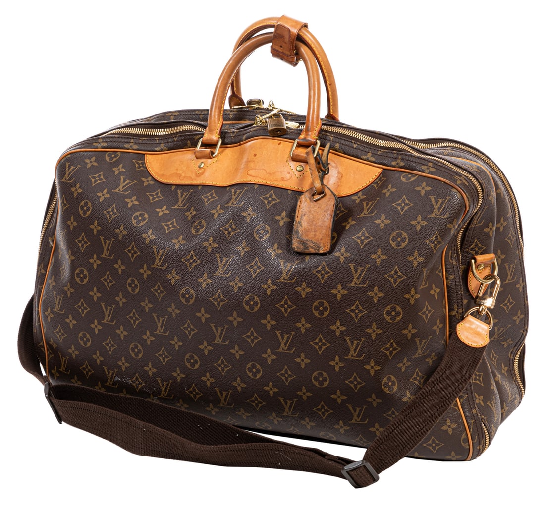 Vintage Louis Vuitton Monogram Alize 2 Pouch Weekender Bag , h. 15 in., w. 22 in., d. 10 in: , brown coated canvas, brass hardware, leather trim, zip closures, interior "VI1011" label, removable adjustable shoulder strap, h. 15 in., w. 22 in., d. 10 in., handle drop h. 5 in., adjustable shoul