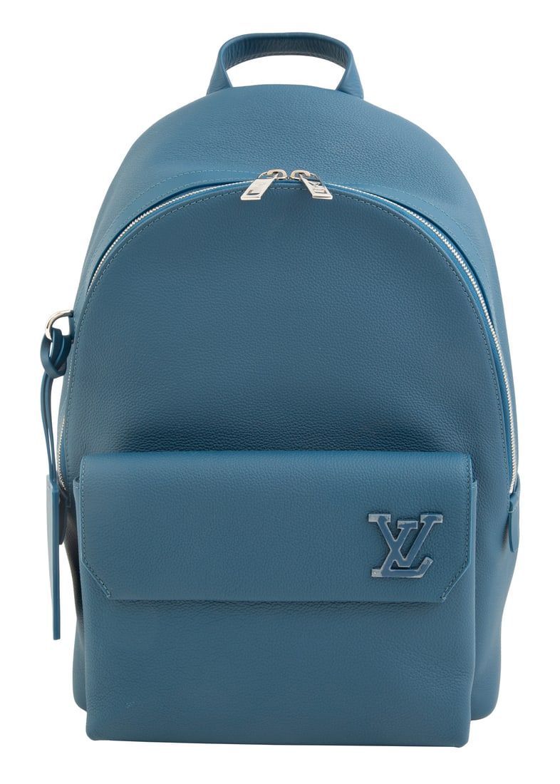 Louis Vuitton Takeoff Backpack in Atlantic Blue Leather , h. 17 in., w. 12 in., d. 5 1/2 in: , LV Aerogram Collection, palladium-tone hardware, signature initials in tone-on-ton metal, cowhide leather trim, textile lining, h. 17 in., w. 12 in., d. 5 1/2 in.; with dust bag and original tags;