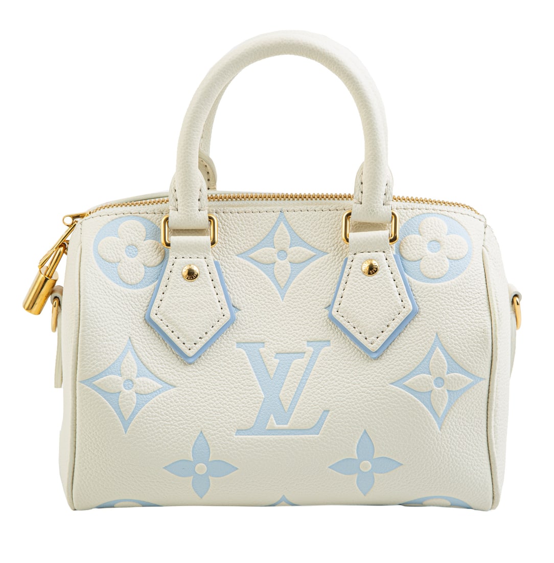 Louis Vuitton Bandouli?re 20 in Latte and Candy Blue Monogram Empreinte Leather , h. 5 1/2 in., w. 8: , embossed grained cowhide leather, leather trim, gold-tone hardware, padlock, h. 5 1/2 in., w. 8 1/4 in., d. 4 3/4 in.; removable adjustable strap, drop h. max 21 1/2 in.;