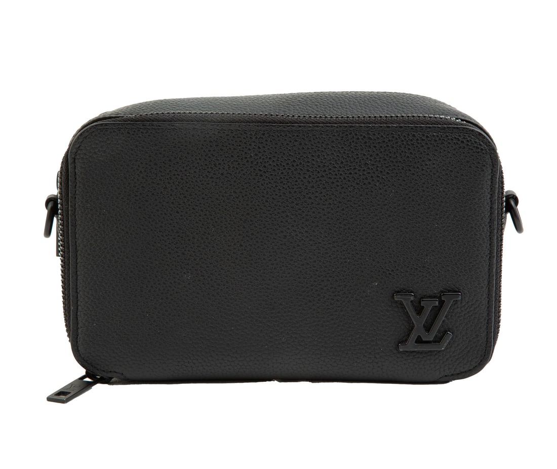 Louis Vuitton Alpha Wearable Wallet in Black LV Aerogram Leather , h. 4 1/2 in., w. 7 1/4 in., d. 2: , black grained calf leather, black-tone hardware, h. 4 1/2 in., w. 7 1/4 in., d. 2 3/4 in., removable adjustable strap, drop h. max 25 in.;