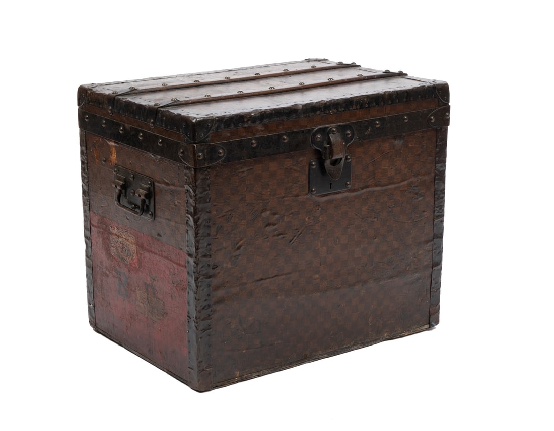 Vintage Louis Vuitton Damier Hatbox Steamer Trunk , h. 20 in., w. 24 in., d. 17 in.: , c. 1900, Paris/London label, serial #125145, checkerboard Damier coated canvas, with monogram "B.B." on a red background to sides, interior fitted with removable tray and ribbon basket, h. 20 in., w