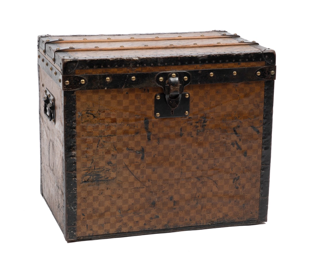 Vintage Louis Vuitton Damier Hatbox Steamer Trunk , h. 20 in., w. 24 in., d. 17 in.: , c. 1900, Paris/London label, checkerboard Damier coated canvas, painted with a "C" to both sides, interior fitted with a removable ribbon basket, bail handles, h. 20 in., w. 24 in., d. 17 in.