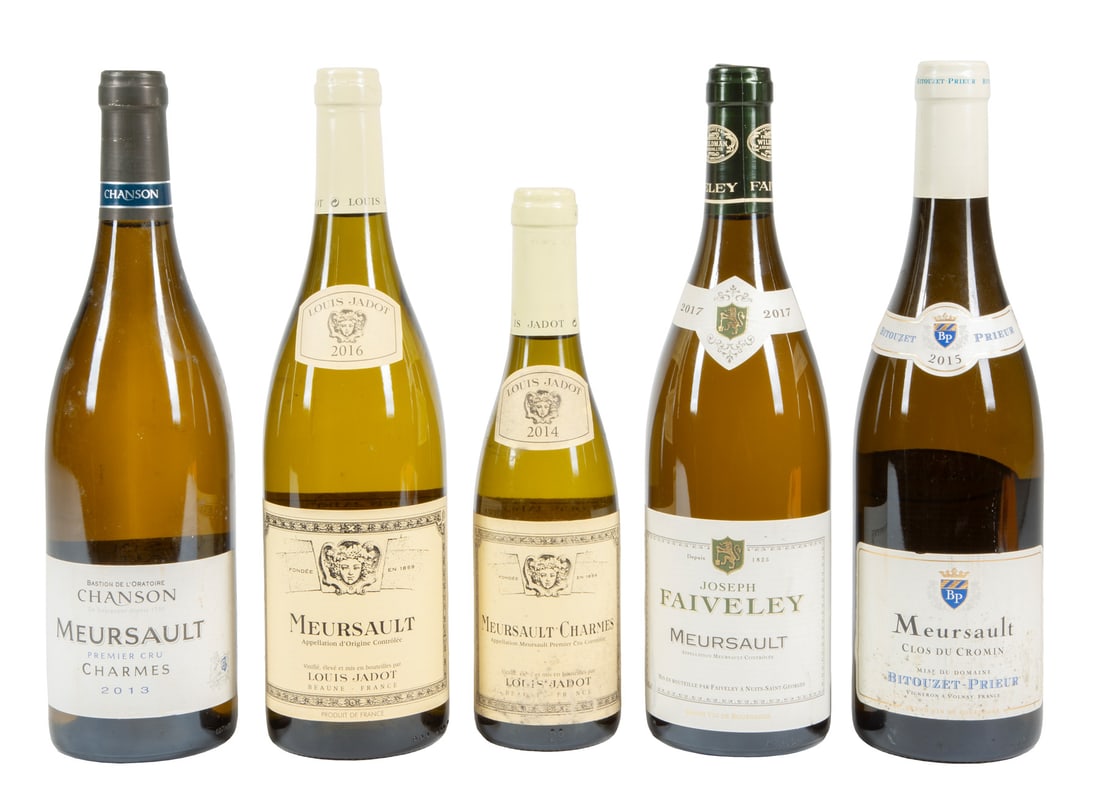 Meursault Mixed Lot , 15 bottles: , Chanson Meursault Charmes Premier Cru 2013, 4 bottles, 750ml.; Domaine Bitouzet-Prieur Meursault Clos du Cromin 2015, 750ml.; Louis Jadot Meursault-Charmes Premier Cru 2014, 375ml.; Louis Jadot Meur