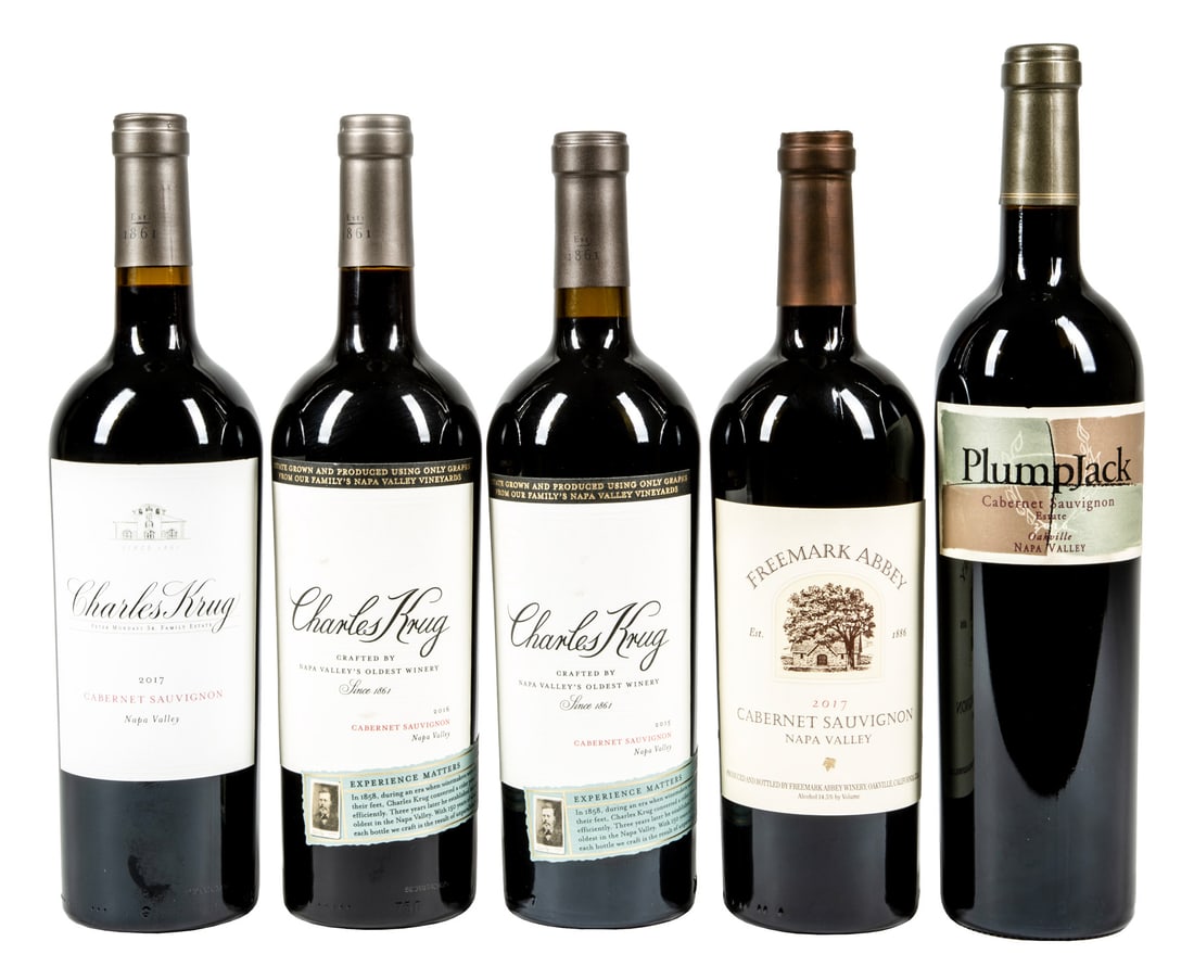 Napa Cabernet Sauvignon Mixed Lot , 32 bottles: , Plumpjack Winery 2016, 9 bottles, 750ml.; Freemark Abbey 2017, 5 bottles, 750ml.; Charles Krug 2015, 5 bottles, 750ml.; Charles Krug 2016, 4 bottles, 750ml.; Charles Krug Peter Mondavi Family 2017, 