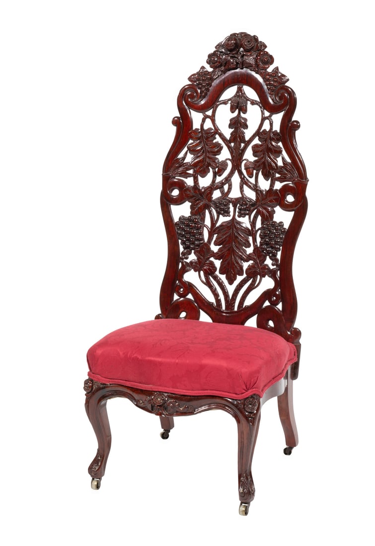 Rare American Rococo Carved and Laminated Rosewood Slipper Chair: Rare American Rococo Carved and Laminated Rosewood Slipper Chair, c. 1850-1860, attr. to John Henry Belter, New York, floral-carved crest, scrolled crest rail, elaborately reticulated back carved with