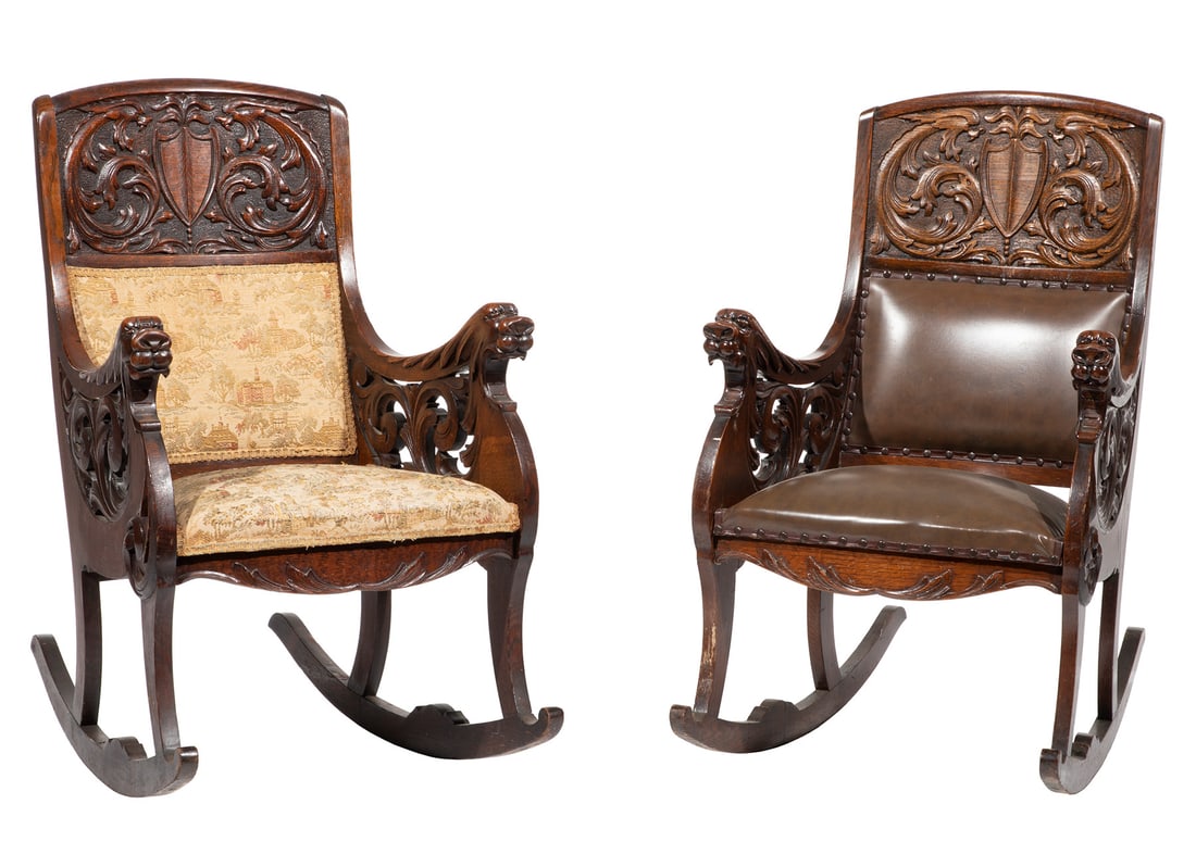 Pair of American Renaissance-Style Carved Oak Rocking Chairs h. 38 1/2 in., w. 23 in., d. 26 in.: Pair of American Renaissance-Style Carved Oak Rocking Chairs , late 19th c., attr. to R.J. Horner, New York, curved crest rail with shield and Griffin carving, pierced carved arms with griffins, shape