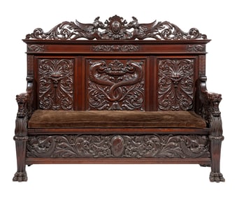 Fine American Renaissance-Style Carved Mahogany Hall Bench h. 58 in., w. 72 in., d. 24 1/2 in.