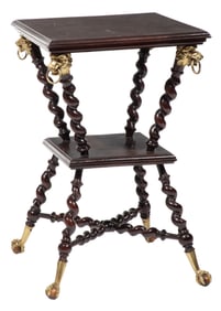 American Aesthetic Brass Mounted Mahogany Lamp Table h. 29 1/2 in., w. 19 in., d. 19 in.
