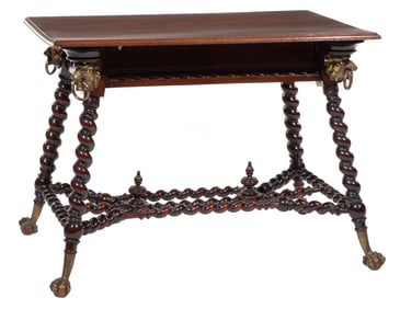 American Aesthetic Brass Mounted Mahogany Center Table h. 28 1/2 in., w. 37 1/2 in., d. 23 1/2 in.