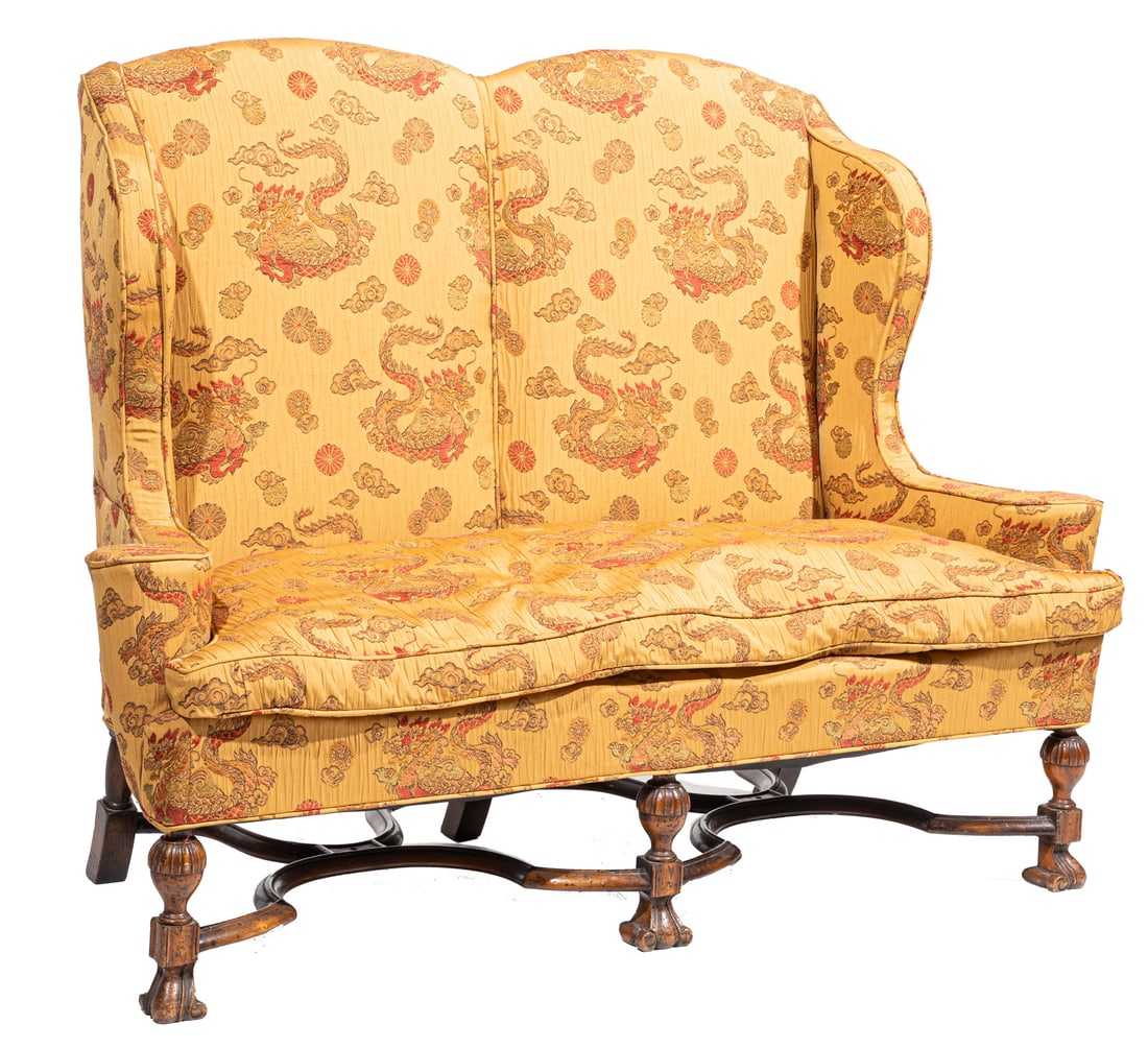 Antique Italian Renaissance-Style Carved Walnut Settee h. 48 in., w. 62 1/2 in., d. 23 1/2 in.: Antique Italian Renaissance-Style Carved Walnut Settee, 19th c., double arched back, padded wings and arms, turned supports, X-form stretchers, h. 48 in., w. 62 1/2 in., d. 23 1/2 in.h. 48 in., w. 62