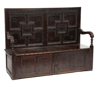 English Jacobean-Style Carved Oak Settle h. 46 1/4 in., w. 60 1/2 in., d. 21 1/2 in.