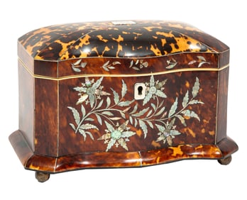 George III Mother-of-Pearl Inlaid Tortoiseshell Tea Caddy h. 5 in., w. 8 in., d. 4 3/4 in.