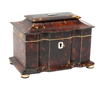 Georgian Tortoiseshell Tea Caddy h. 5 1/2 in., w. 7 3/4 in., d. 4 3/4 in.