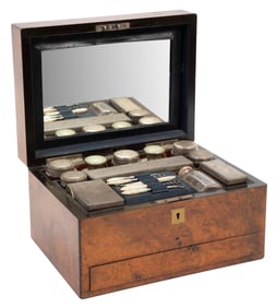 Antique English Burled Walnut Traveling Case h. 7 in., w. 12 3/4 in., d. 9 in.