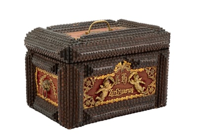 Antique German Tramp Art Carved Wooden Box h. 7 in., w. 10 3/4 in., d. 7 in.