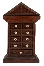 American Tramp Art Hanging Spice Cabinet h. 16 1/2 in., w. 10 in., d. 4 1/4 in.