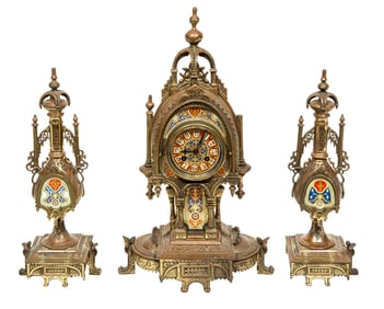 Tiffany Bronze and Enameled Porcelain Three-Piece Clock Garniture in the Renaissance-Revival Taste h