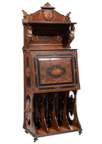 American Renaissance Revival Marquetry, Parcel Gilt and Ebonized Music Cabinet h. 62 in., w. 26 in.,