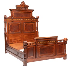 American Late Renaissance/ Early Aesthetic Burl Amboyna, Mahogany and Marquetry Bedstead h. 88 in., 