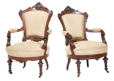 Pair of American Renaissance Burl and Carved Walnut Armchairs h. 42 in., w. 25 in., d. 24 1/2 in.