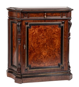 American Renaissance Bronze Mounted, Parcel Ebonized and Inlaid Burlwood Parlor Cabinet h. 43 1/2 in