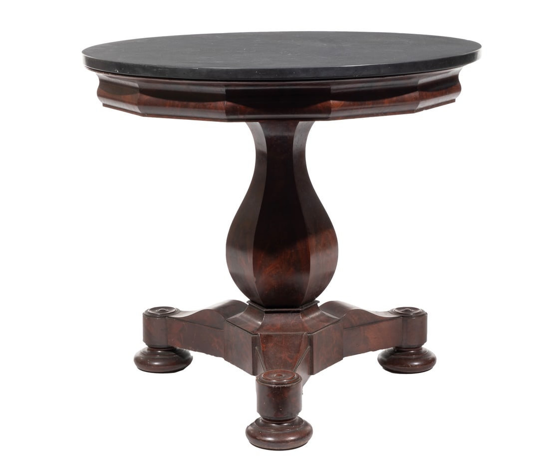 American Late Classical Mahogany Center Table h. 28 in., dia. 31 1/2 in.: American Late Classical Mahogany Center Table , 19th c., probably J.& J.W. Meeks, New York, later slate top, molded and faceted frieze, bulbous standard, tripod plinth base, turned bun feet, h. 28 in.