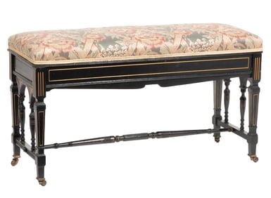 Aesthetic Ebonized Gilt Incised Piano Bench h. 20 in., w. 36 in., d. 13 1/2 in.