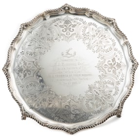 Late Victorian Sterling Silver Presentation Salver weight 44 troy ozs.