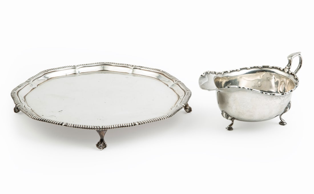 George V Sterling Silver Presentation Salver weight 3.10 troy ozs.: George V Sterling Silver Presentation Salver , Thomas Bradbury & Sons Ltd., Sheffield, 1923, mark reg. 1892, serpentine molded rim with gadrooned edge, ball and claw feet, reverse with engraved presen
