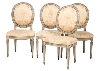 Set of Eight Louis XVI-Style Gris Peinte Chaises h. 38 in., w. 19 in., d. 18 in.