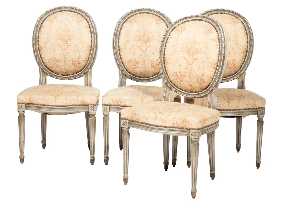 Set of Eight Louis XVI-Style Gris Peinte Chaises h. 38 in., w. 19 in., d. 18 in.: Set of Eight Louis XVI-Style Gris Peinte Chaises, 19th c., molded padded back, nail head upholstery, conforming seat rail, fluted tapered legs, h. 38 in., w. 19 in., d. 18 in.h. 38 in., w. 19 in., d.