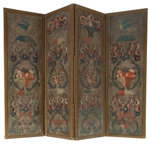 French Four-Panel Painted Canvas Folding Screen h. 77 in., total w. 94 in.