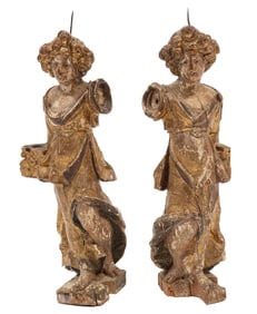 Pair of Antique Italian Giltwood Carved and Polychrome Decorated Figural Prickets h. 26 in.