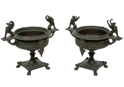 Pair of Antique Continental Grand Tour Patinated Metal Vases h. 9 3/4 in., w. 10 3/4 in., d. 7 1/2 i
