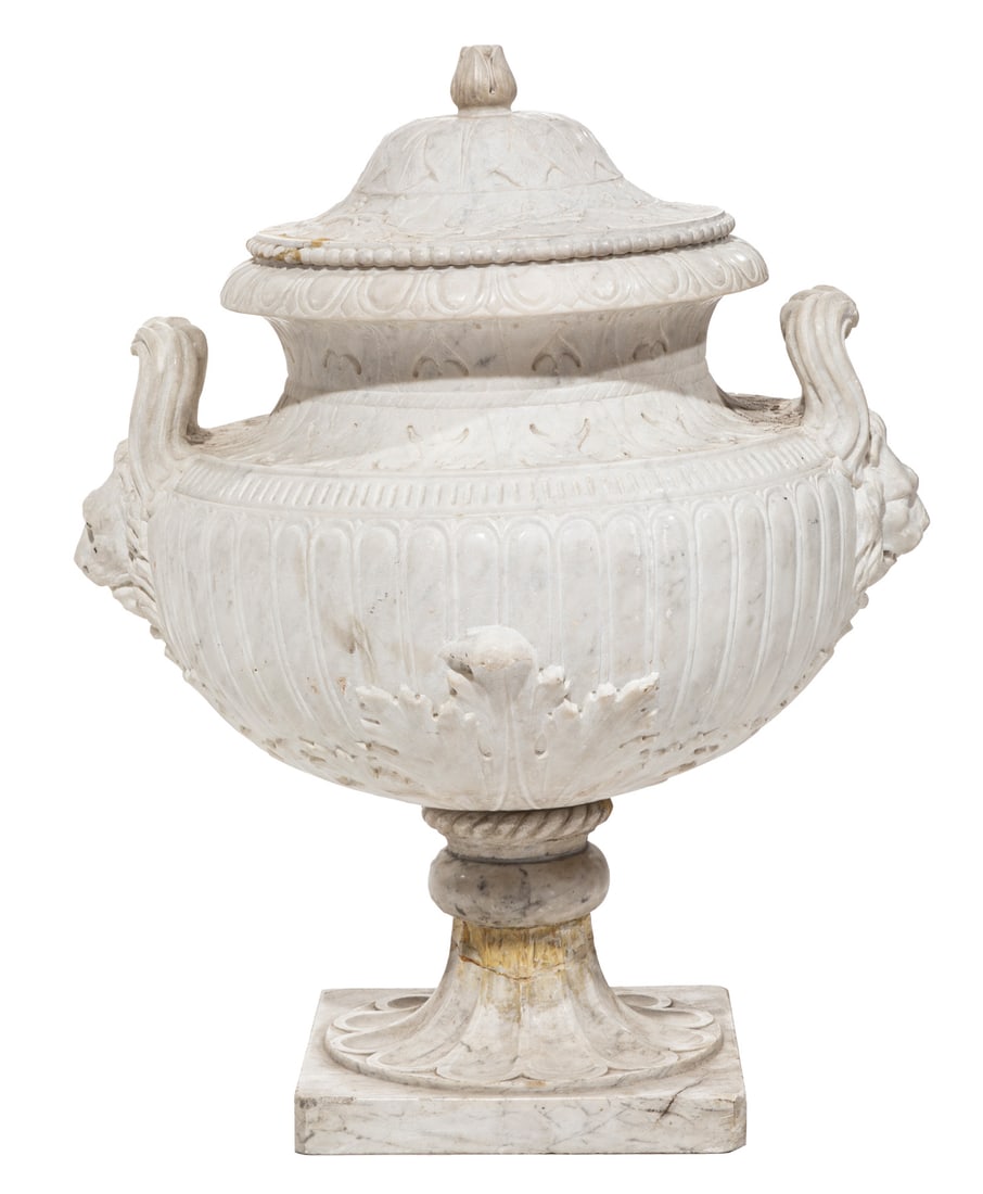 Large Antique Italian Grand Tour Carved Marble Lidded Urn h. 25 in., w. 18 1/2 in., d. 15 in.: Large Antique Italian Grand Tour Carved Marble Lidded Urn , lion handles, gadrooned body, carved allover with grapevines and acanthus leaves, flared base, h. 25 in., w. 18 1/2 in., d. 15 in. h. 25 in.